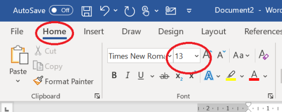AutoSave Off HU Document2 - Worc File Home Insert Draw Design Layout References X Cut Times New Romat 13AA Aav po Paste Copy