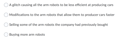 A glitch causing all the arm robots to be less efficient at producing cars Modifications to the arm robots that allow them to