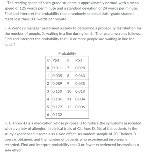 i. The reading speed of sixth-grade students is approximately normal, with a mean speed of 125 words per minute and a standar
