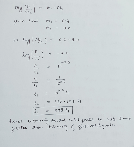 log (e. M, - M2 given that m, = 6.4 M2 = 9.0 so 6.4-9.0 log (eyer) logy - 2.6 -2.6 10 1 alaala a = 102. 102.6 li la = 398.107