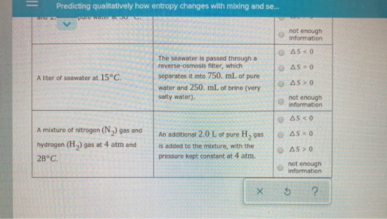 Predicting qualitatively how entropy changes with mixing and se... not enough AS < 0 1 AS = 0 The seawater is passed through