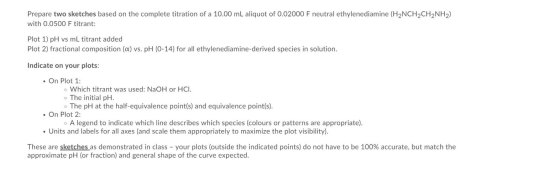 Prepare two sketches based on the complete titration of a 10.00 mL aliquot of 0.02000 F neutral ethylenediamine (H2NCH2CH2NH2