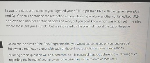 In your previous prac session you digested your POTC-A plasmid DNA with 3 enzyme mixes (AB and C). One mix contained the rest