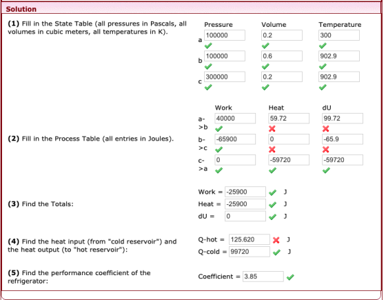Solution (1) Fill in the State Table (all pressures in Pascals, all volumes in cubic meters, all temperatures in K). Pressure