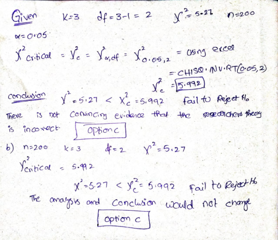 Given ras = 5.27 0=200 Cising excee conclusion V25127 < x +5,992 K=3 af = 3-1 = 2 A=005 x critical = 8c = Xa, df = 0.05,2 =CH