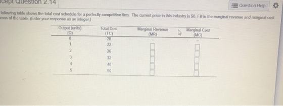 cept Question 2.14 Question Help following table shows the total cost schedule for a perfectly competitive firm. The current