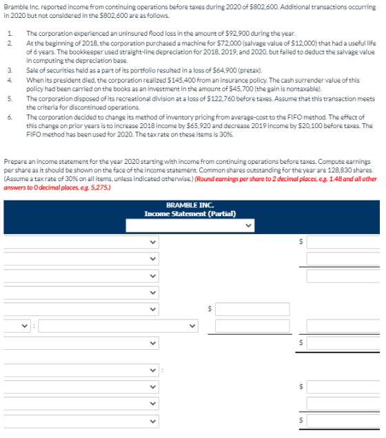 1 2 Bramble Inc. reported income from continuing operations before taxes during 2020 of $802,600. Additional transactions occ