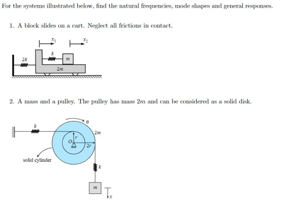 For the systems illustrated below, find the natural frequencies, mode shapes and general responses. 1. A block slides on a ca