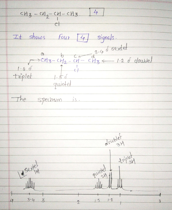 <H₂ - CH₂ - CH-CH3 It shows four [4] signals. CH3-cho-cr-CH3 < 1.2 d doublet 1.od triplet 1.5d quintet The spectrum is. doubl