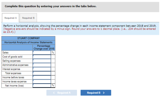 Complete this question by entering your answers in the tabs below. Required A Required B Perform a horizontal analysis, showi