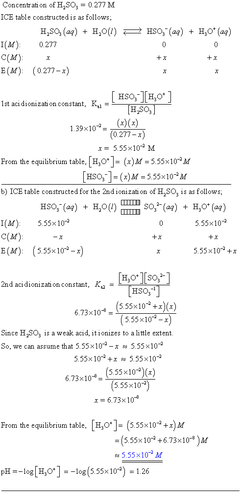 HSO3(aq) + H2O* (aq) Concentration of H250, = 0.277 M ICE table constructed is as follows; H,80,(aq) + H20(1) A I(M): 0.277 C