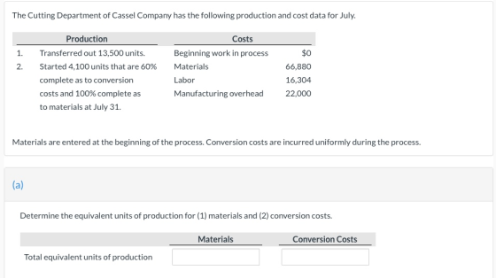 The Cutting Department of Cassel Company has the following production and cost data for July. 1. 2. Production Transferred ou