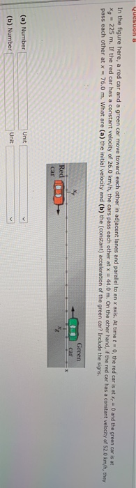 Queblo 8 In the figure here, a red car and a green car move toward each other in adjacent lanes and parallel to an x axis. At