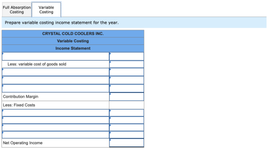 Full Absorption Costing Variable Costing Prepare variable costing income statement for the year. CRYSTAL COLD COOLERS INC. Va