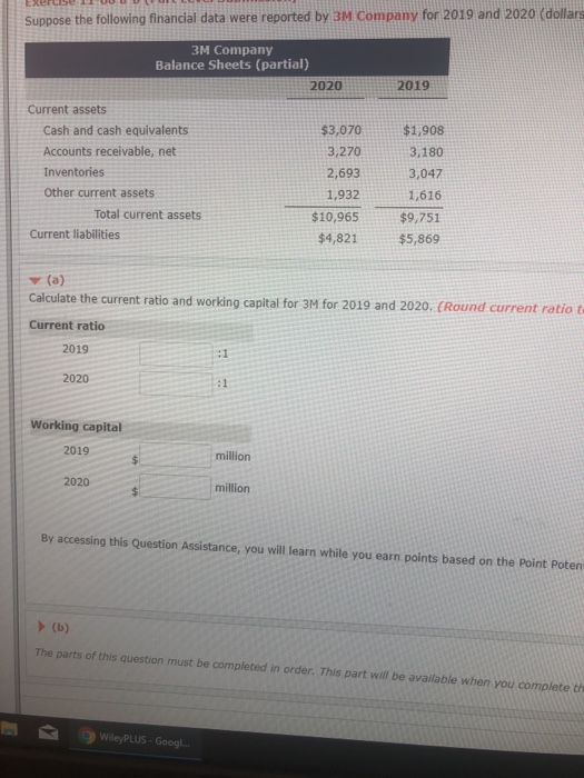 Exercise 1 UU UUUULLU UUM Suppose the following financial data were reported by 3M Company for 2019 and 2020 (dollars 2019 3M