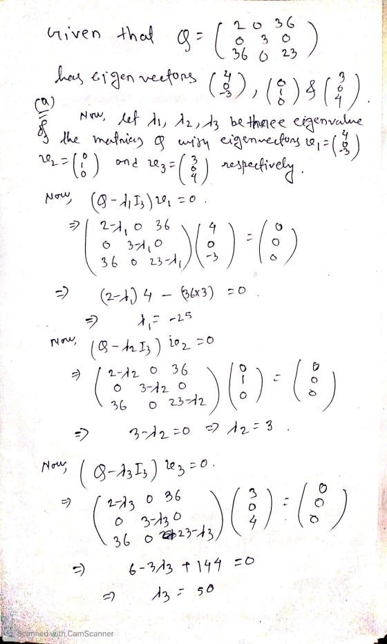 20 36 3 02.09 81 แ9 Given that s Q = 1 36 0 23 has eigen vectors (4) How, let ii, Az, tz be three eigenvalue the matrices q w