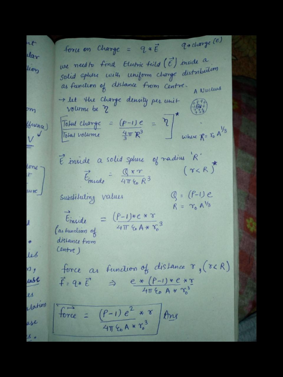 force on ion \ we needんfind Euchic feild (e) msida a Solid gplur wil unifom clarge distibil) as fundien e dislane rom Centre →lit Wal clare denut pin unit A Nuuluns volwme be 2 Total volume solid Splure e me (TCR Sushiluliny vals as funcluer dislamu from Centre ) las 0 asC es latir force an fundien of dis lance γ ,(TCR)