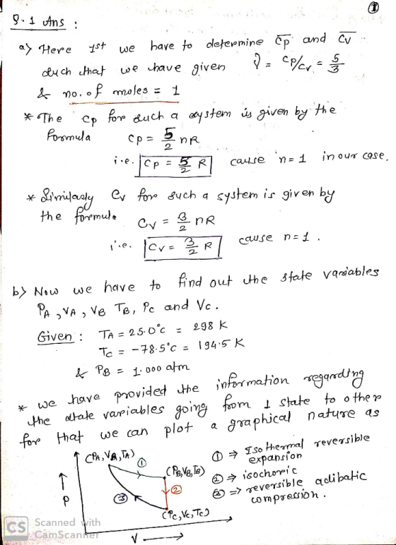 9.1 Ans : ay Here 1st we have to determine cp and cu - auch that we have given 8=co/cr. . & no. of moles = 1 *The ep for duch