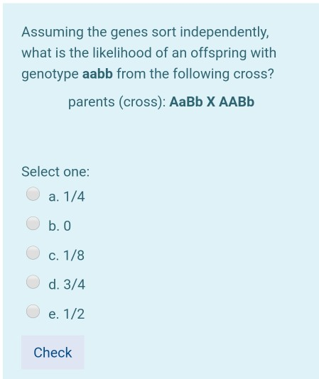 Assuming the genes sort independently, what is the likelihood of an offspring with genotype aabb from the following cross? pa