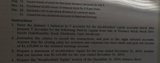 Aug. 15. Issued shares of stock for the stock dividend declared on July 5. Nov. 23. Purchased 30,000 shares of treasury stock