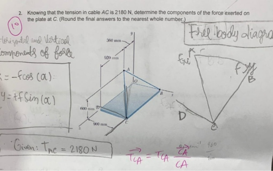 Knowing that the tension in cable AC is 2180 N, determine the components of the force exerted on the plate at C. (Round the f