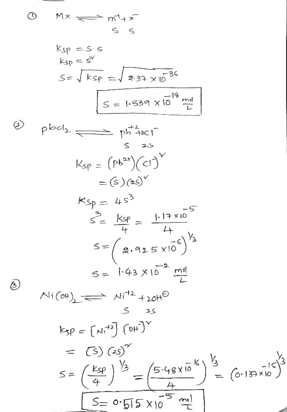 0 Mx - mitt ss Ksp =sis ksp= 8 s=√ksp =√ 2.37 x 1036 s = 1.539 x lola mail pbcla - pbt #225 s as Ksp = (pb24)(CI) = ($)(25) K