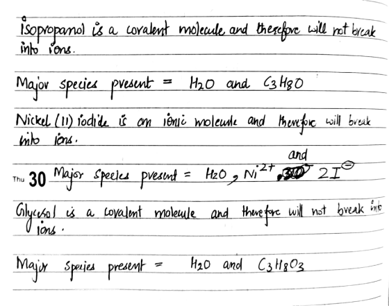i sopropanol is a covalent molecule and therefore will not break into ions. Major species present = H2O and C3H80 Nickel (1)