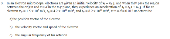 3. In an electron microscope, electrons are given an initial velocity of Vi = Viv j, and when they pass the region between th