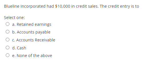 Blueline Incorporated had $10,000 in credit sales. The credit entry is to Select one: O a. Retained earnings O b. Accounts pa