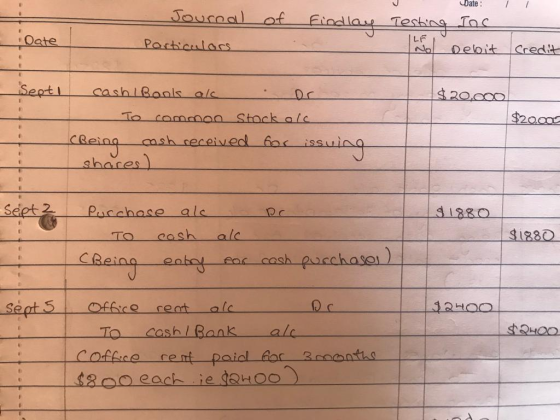 1 of Findlay - Journal Particulars Date : Inc Debit - Testing No Date Credit Sept 1 $20,000 $20,000 cash Book al or To common