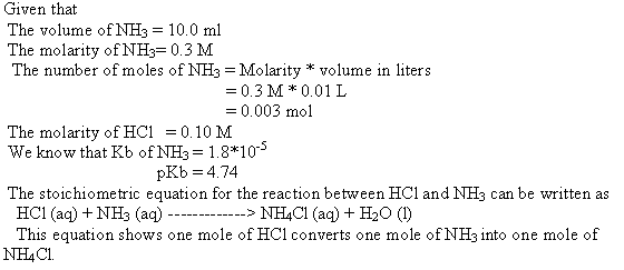 Given that The volume ofNH3= 10.0 ml The molarity of NH3 0.3 M The number of moles of NH3 Molarity * volume in liters =0.314