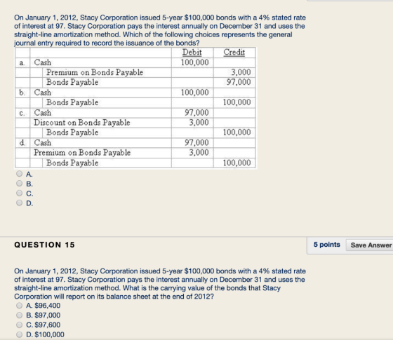 On January 1, 2012, Stacy Corporation issued 5-year $100,000 bonds with a 4% stated rate of interest at 97. Stacy Corporation