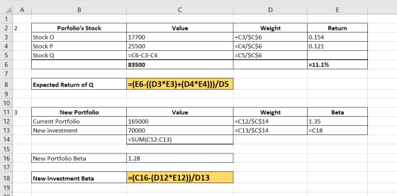 A B c DE 2 1 2 2 Porfolios Stock Value Return Stock O Stock P Stock Q Weight =C3/$C$6 =C4/$C$6 =C5/$C$6 17700 25500 =C6-C3-C
