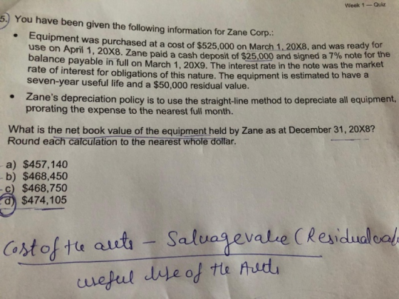Week 1 -Quiz 5. You have been given the following information for Zane Corp.: Equipment was purchased at a cost of $525,000 o