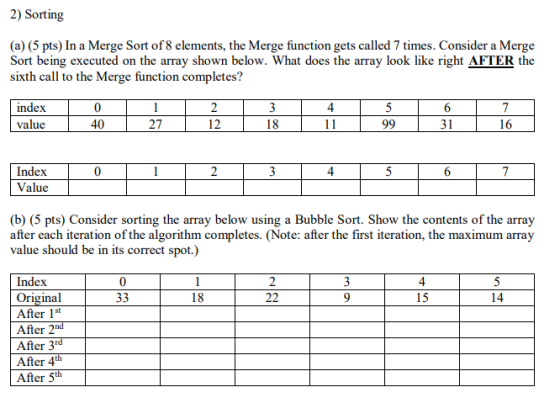 2) Sorting (a) (5 pts) In a Merge Sort of 8 elements, the Merge function gets called 7 times. Consider a Merge Sort being exe