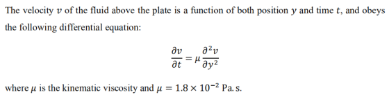 The velocity v of the fluid above the plate is a function of both position y and time t, and obeys the following differential