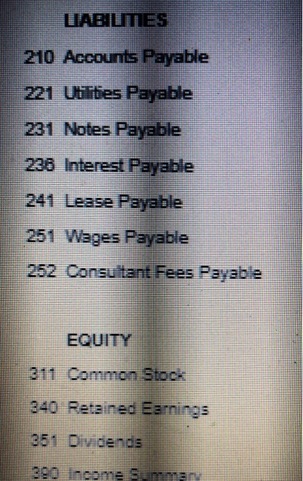 LABILMES 210 Accounts Payable 221 Utilities Payable 231 Notes Payable 238 Interest Payable 241 Lease Payable 251 Wages Payabl