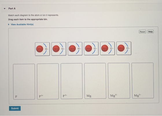 Part A Match each diagram to the atom or ion it represents. Drag each item to the appropriate bin. View Available Hint(s) Res