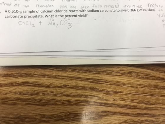 A 0.510-g sample of calcium chloride reacts with sodium carbonate to give 0.366 g of calcium carbonate precipitate. What is t