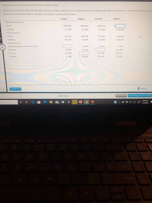 Missing Amounts from Balance Sheet and Income Statement Data One item is omitted from each of the following summans of balanc