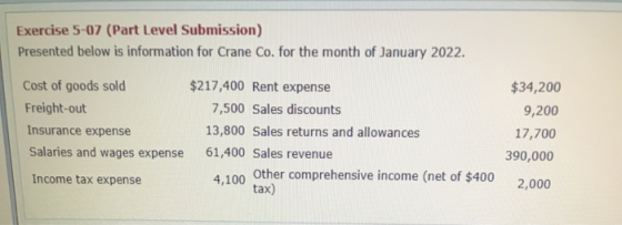 Exercise 5-07 (Part Level Submission) Presented below is information for Crane Co. for the month of January 2022. Cost of goo