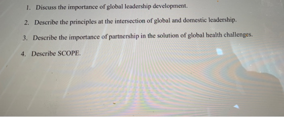 1. Discuss the importance of global leadership development. 2. Describe the principles at the intersection of global and dome
