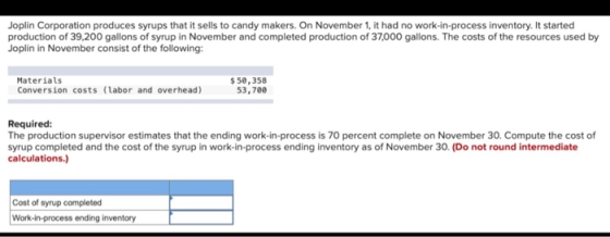 Joplin Corporation produces syrups that it sells to candy makers. On November 1, it had no work-in-process inventory. It star