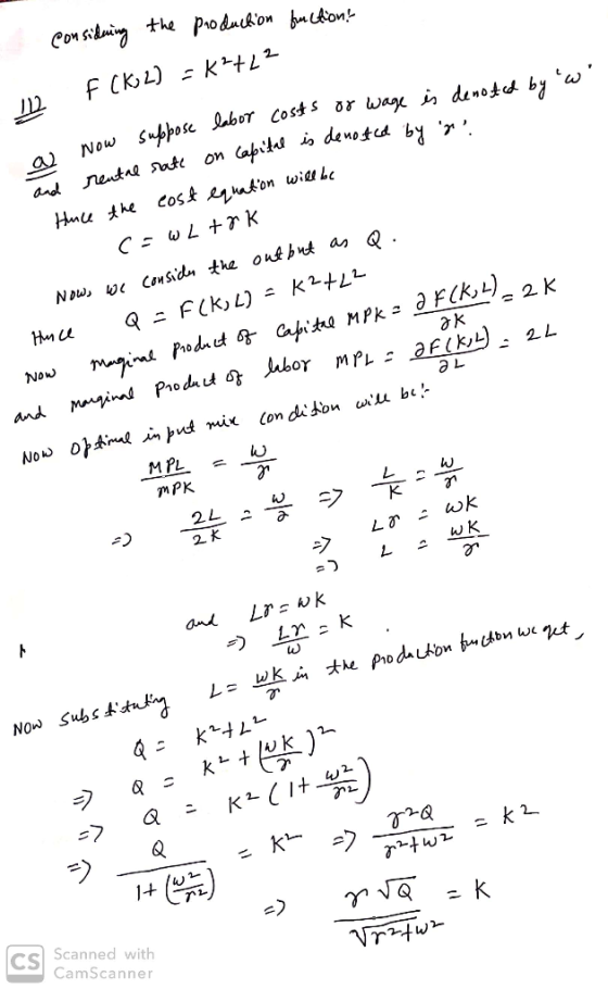 considering the production function! Now abital is denoted by n a 112 F (K) 2) -K-722 Now suppose labor costs or wage is den