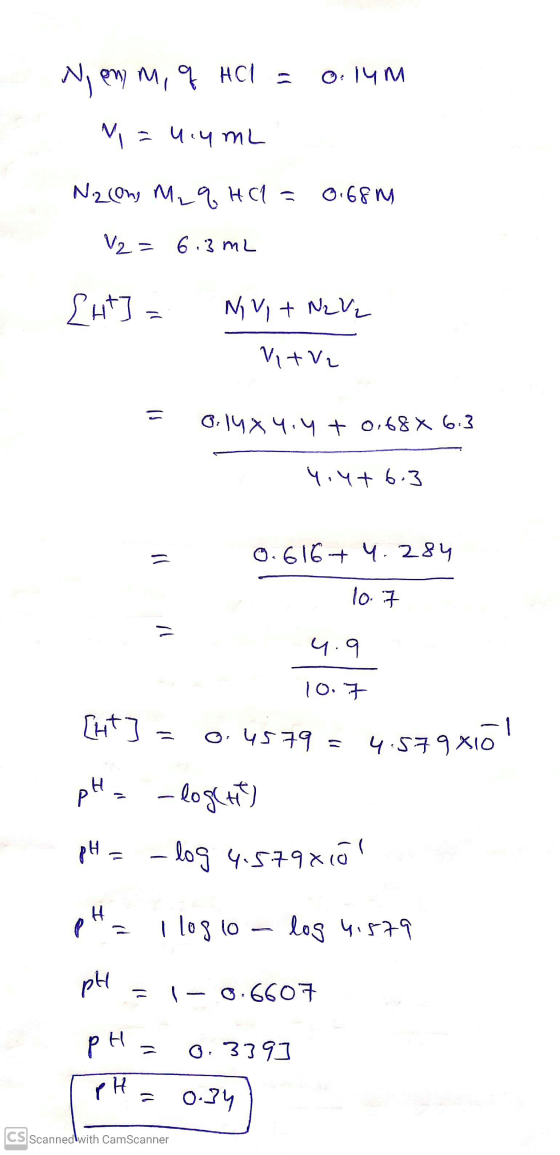 N ew m, q HCl = 0.14m V = ч.ч ти 0.68m Nzcom, M₂q HC1 = V2 = 6.3 m2 [ht] = NVI+ N2V ViTV = 0.14x4.4 + 0,68 x 6.3 4.4+ 6.3 0.6
