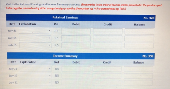 Post to the Retained Earnings and Income Summary accounts. (Post entries in the order of Journal entries presented in the pre