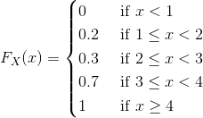 F_X(x)=\begin{cases} 0 & \text{ if } x<1 \\ 0.2 & \text{ if } 1\leq x<2 \\ 0.3 & \text{ if } 2\leq x<3 \\ 0.7 & \text{ if } 3\leq x<4 \\ 1 & \text{ if } x\geq 4 \end{cases}
