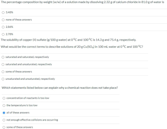 The percentage composition by weight (w/w) of a solution made by dissolving 2.32 g of calcium chloride in 81.0 g of water is