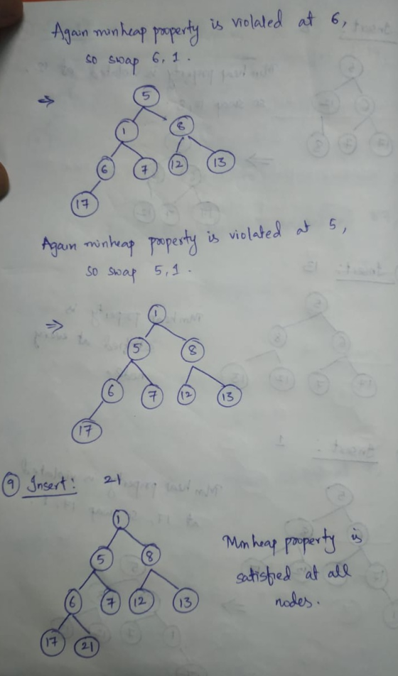 at 6 Again min heap property is viol ty is violated so swap 6, 1. at 5, Again minheap property is violated so swap 5,1 (13) @