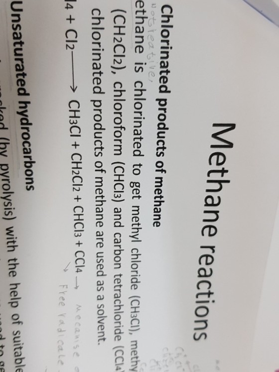 Methane reactions Chlorinated products of methane ethane is chlorinated to get methyl chloride (CHaCI), methy (CH2Cl2), chloroform (CHCl3) and carbon tetrachloride (CCI chlorinated products of methane are used as a solvent. l4 + Cl2 > CH3Cl + CH2Cl2 + CHCl3 + CCl4 Free adicale Unsaturated hydrocarbons nked (hy pyrolysis) with the help of suitable